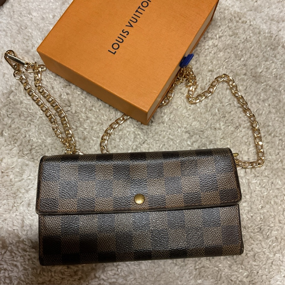 Louis Vuitton Damier Ebene Sarah wallet on gold chain with LV BOX!